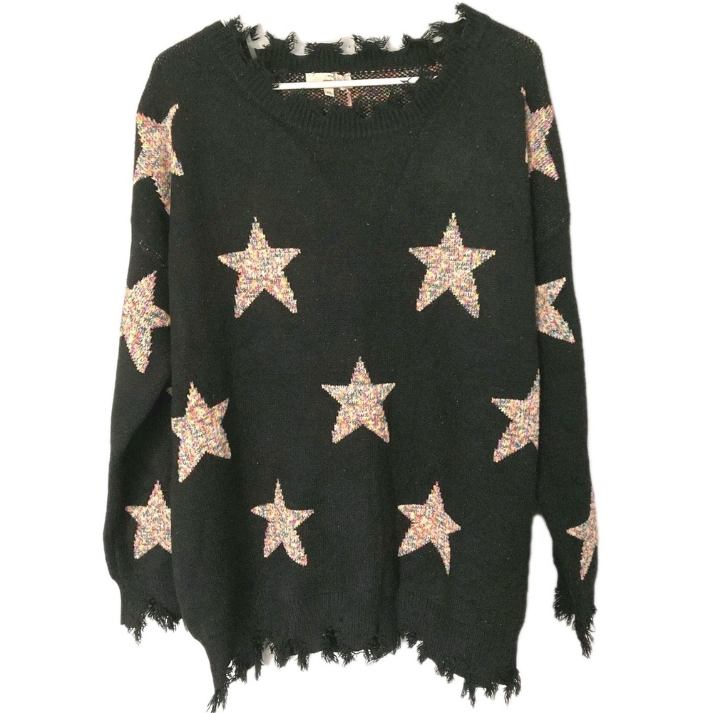 Entro USA Sweater Women XL Black Star Fringe Distressed Hem Pullover Knit NWT
